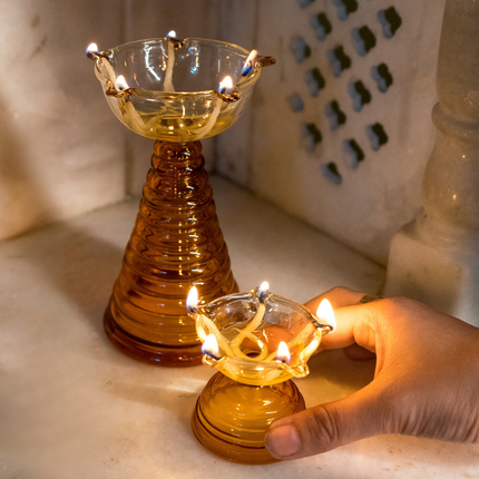 Glass Diya Pair Gift Set - Tall & Short Diyas: Amber / Glass