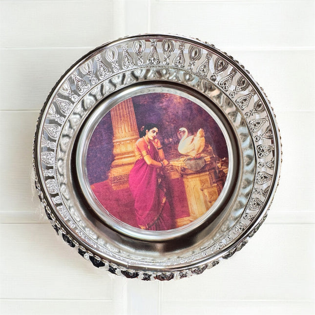 6in Silver Plated Ravivarma Painting Inspired Tray