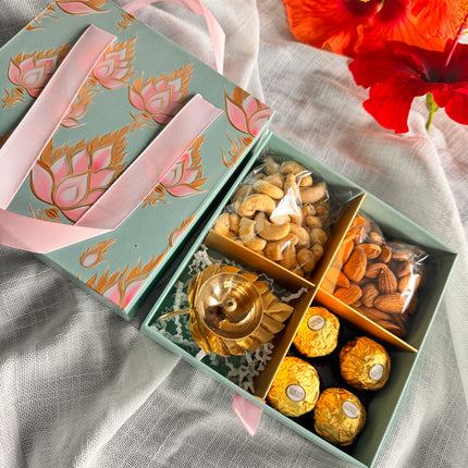 Diwali Gift Box with Brass Diya, Mixed Nuts & Chocolates