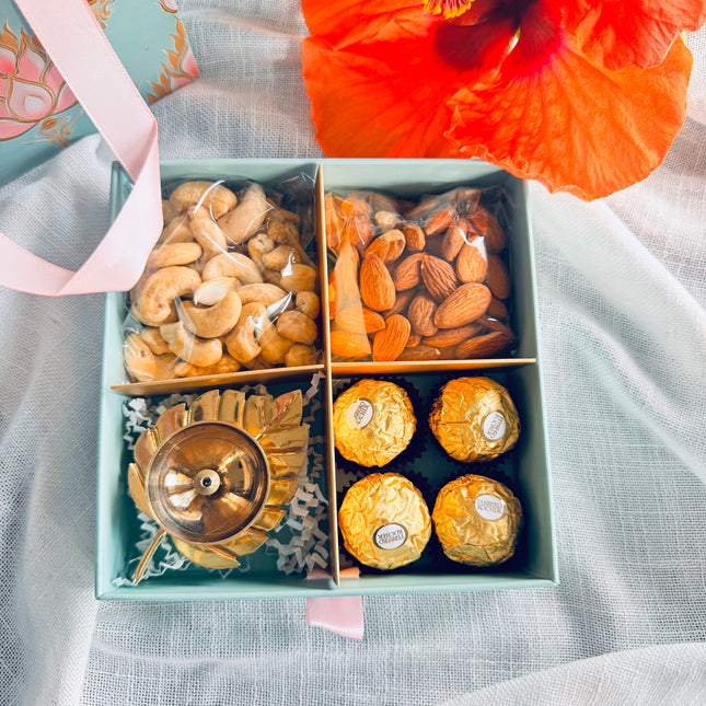 Diwali Gift Box with Brass Diya, Mixed Nuts & Chocolates
