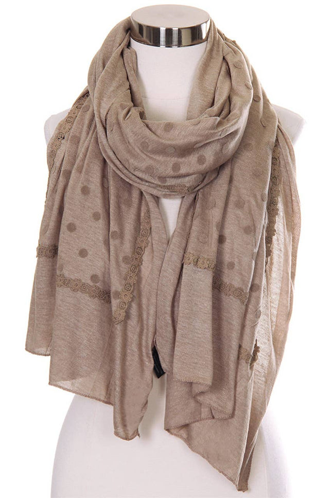 Polka Dot Lace Oblong Scarf: Taupe