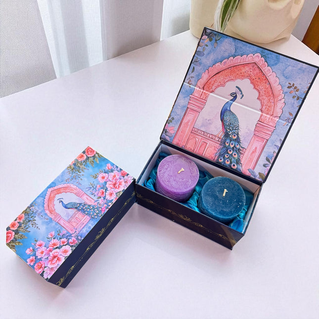 Candle Gift Set – Luxury Marbled Pillar Candles in Peacock Keepsake Box