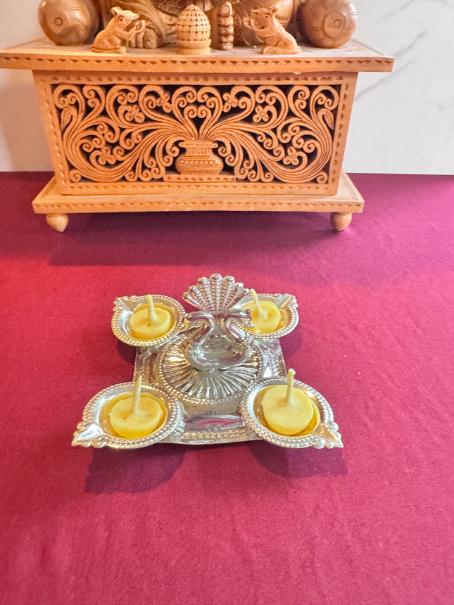 German Silver Peacock Ghee Diya Holder