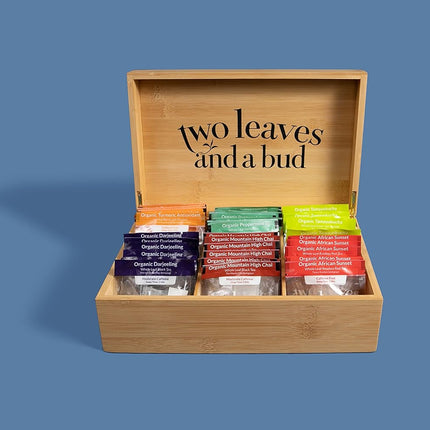 Two Leaves and a Bud Organic Tea Sampler in 6-Slot Bamboo Presentation Box - Filled Gift Box with Tea Assortment of Green, Black, and Herbal Teas