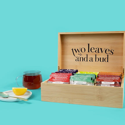 Two Leaves and a Bud Organic Tea Sampler in 6-Slot Bamboo Presentation Box - Filled Gift Box with Tea Assortment of Green, Black, and Herbal Teas