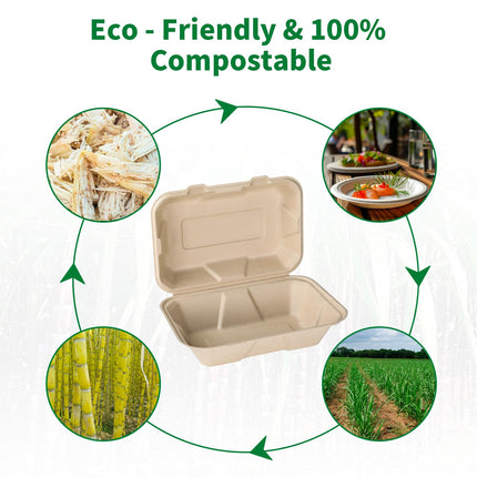 Aricsen 100 Pack 3 Compartment Compostable 8x9 Inch Takeout Lunch Box Containers with Lid To Go Take Out Clamshell for Food, Disposable Eco-Friendly Biodegradable Bagasse, PFAS-Free, Brown