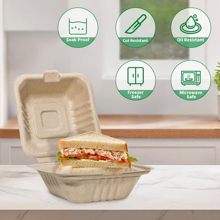Aricsen 100 Pack 3 Compartment Compostable 8x9 Inch Takeout Lunch Box Containers with Lid To Go Take Out Clamshell for Food, Disposable Eco-Friendly Biodegradable Bagasse, PFAS-Free, Brown