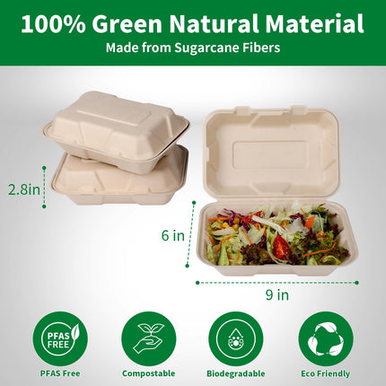 Aricsen 100 Pack 3 Compartment Compostable 8x9 Inch Takeout Lunch Box Containers with Lid To Go Take Out Clamshell for Food, Disposable Eco-Friendly Biodegradable Bagasse, PFAS-Free, Brown