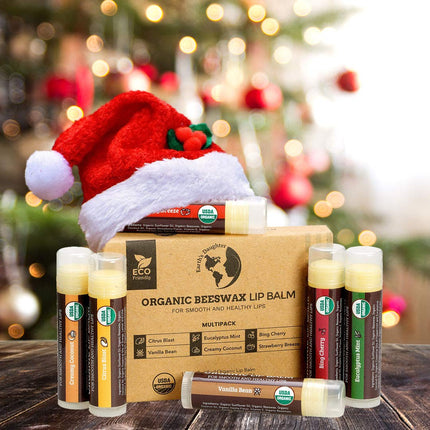 Earth's Daughter USDA Organic Lip Balm 6-Pack - Fruit Flavors, Beeswax, Coconut Oil, Vitamin E - Best Lip Repair Chapstick for Dry Cracked Lips - Moisturizing Lip Care