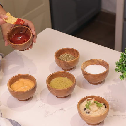 Set of 6 Acacia wood small bowls, 4 fl oz 3.2 * 2 inches | Hand carved small dipping bowls for sauce, salsa. Little bowls for ingredient prep, spices | Charcuterie boards accessories