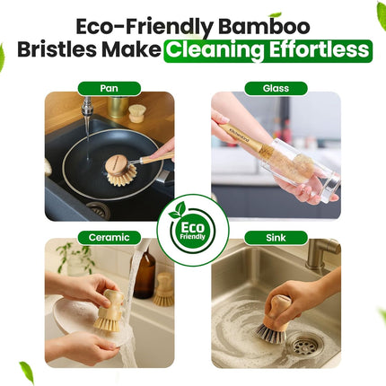 Clean & Kind Gift Set – Premium 6-Piece Eco-Friendly Bamboo Kitchen Brush Set with Natural Bristles & Wooden Handles