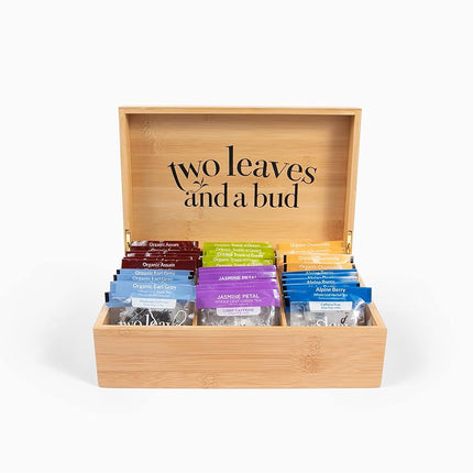Two Leaves and a Bud Organic Tea Sampler in 6-Slot Bamboo Presentation Box - Filled Gift Box with Tea Assortment of Green, Black, and Herbal Teas
