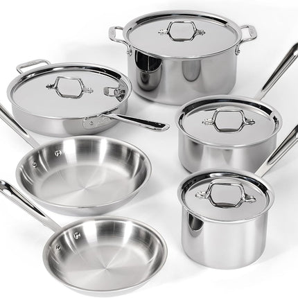 All-Clad D3 Stainless Steel Cookware Set - 10-Piece Pots and Pans Set, Induction, Oven Broiler Safe 600F - Includes Frying Pans, Saucepan, Sauté-Pan, Stockpot, Professional Cookware - Stainless Steel