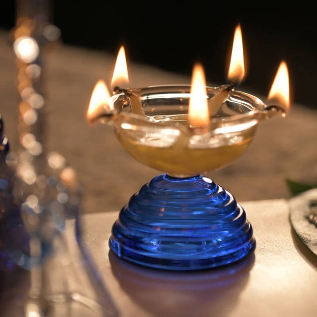 Blue Glass Diya Oil Lamp/ Tea Light Holder - Short