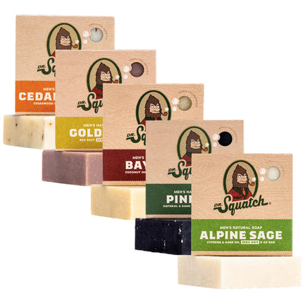 Dr. Squatch Natural Bar Soap for Men Variety Gift Set - Cold Process Soap No Harsh Chemicals - Rainforest Rapids, Coconut Castaway, Fresh Falls, Summer Citrus & Eucalyptus Greek Yogurt (5 oz, 5-Pack)