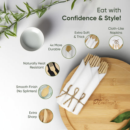 Premium Pre-Rolled Napkin and Bamboo Cutlery Set (30 Pack, 120 PCS) 100% Biodegradable, Eco-Friendly, Disposable Wrapped Cutlery - Includes Pre-Wrapped Bamboo Forks, Knives, Spoons, & Napkins