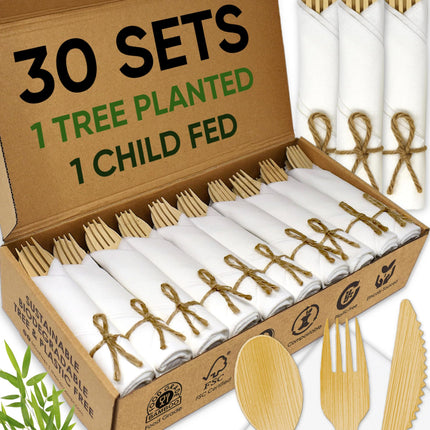 Premium Pre-Rolled Napkin and Bamboo Cutlery Set (30 Pack, 120 PCS) 100% Biodegradable, Eco-Friendly, Disposable Wrapped Cutlery - Includes Pre-Wrapped Bamboo Forks, Knives, Spoons, & Napkins