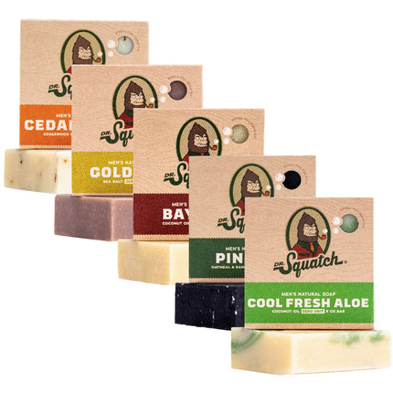 Dr. Squatch Natural Bar Soap for Men Variety Gift Set - Cold Process Soap No Harsh Chemicals - Rainforest Rapids, Coconut Castaway, Fresh Falls, Summer Citrus & Eucalyptus Greek Yogurt (5 oz, 5-Pack)