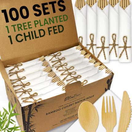 Premium Pre-Rolled Napkin and Bamboo Cutlery Set (30 Pack, 120 PCS) 100% Biodegradable, Eco-Friendly, Disposable Wrapped Cutlery - Includes Pre-Wrapped Bamboo Forks, Knives, Spoons, & Napkins