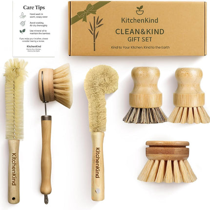 Clean & Kind Gift Set – Premium 6-Piece Eco-Friendly Bamboo Kitchen Brush Set with Natural Bristles & Wooden Handles