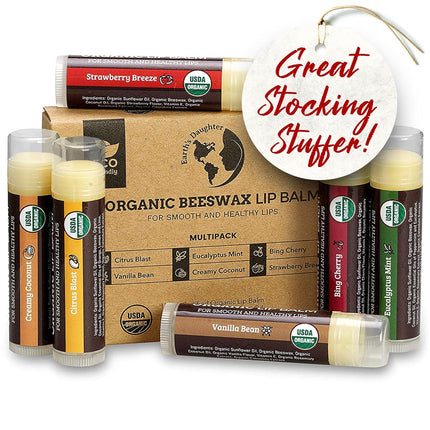 Earth's Daughter USDA Organic Lip Balm 6-Pack - Fruit Flavors, Beeswax, Coconut Oil, Vitamin E - Best Lip Repair Chapstick for Dry Cracked Lips - Moisturizing Lip Care