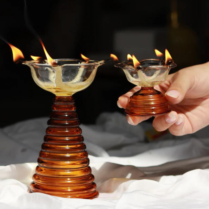 Glass Diya Pair Gift Set - Tall & Short Diyas: Amber / Glass