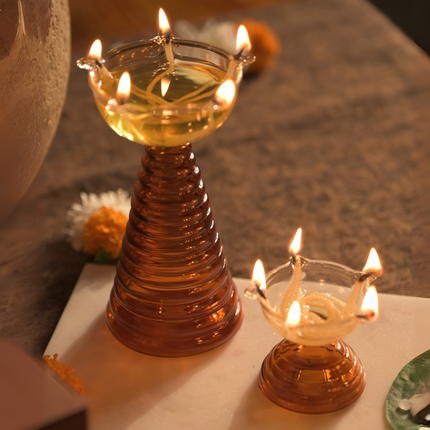 Glass Diya Pair Gift Set - Tall & Short Diyas: Amber / Glass