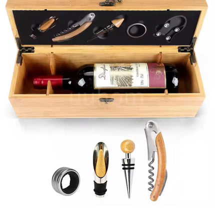 Eco-Luxury Bamboo Wine Gift Set | 5-Piece Bar Tool Kit with Corkscrew & Free Sustainable Custom Label