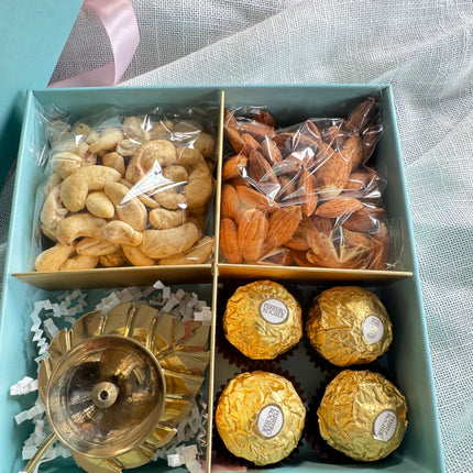 Diwali Gift Box with Brass Diya, Mixed Nuts & Chocolates