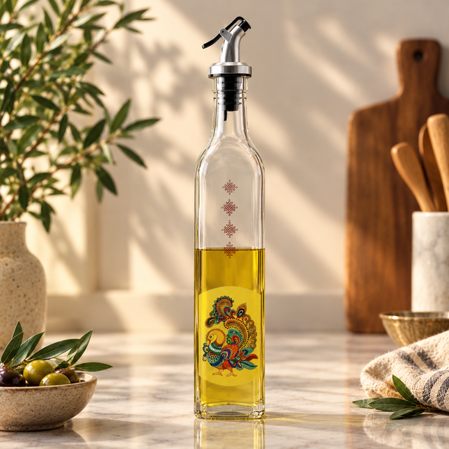 Diwali/ Thanksgiving Gift - Ethnic Glass Oil Dispenser with Pour Spout & Jute Gift Bag, 17 oz Olive Oil Bottle, Functional Sustainable Gift
