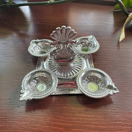 German Silver Peacock Ghee Diya Holder