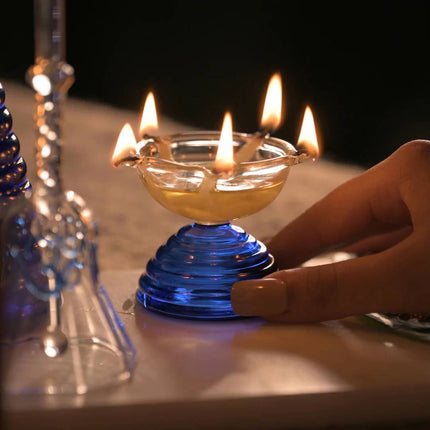 Blue Glass Diya Oil Lamp/ Tea Light Holder - Short