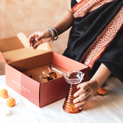 Festive Gift Box - Tall Diya + Short Diya + Ringing Bell: Amber