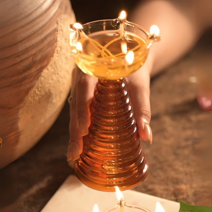 Tall Glass Diya: Amber / Glass