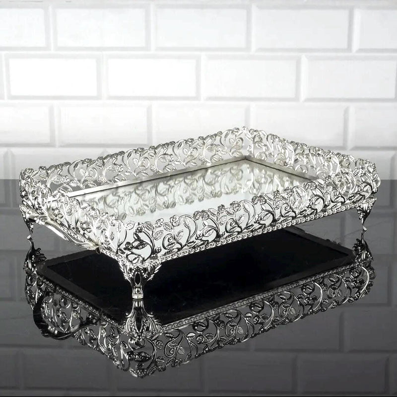 German Silver Finish Handcrafted Metal Rectangular Tray