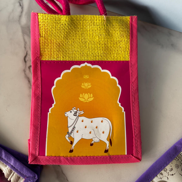 5 Pichwai Cow Return Gift Bags Jute