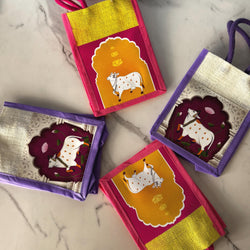 5 Pichwai Cow Return Gift Bags Jute