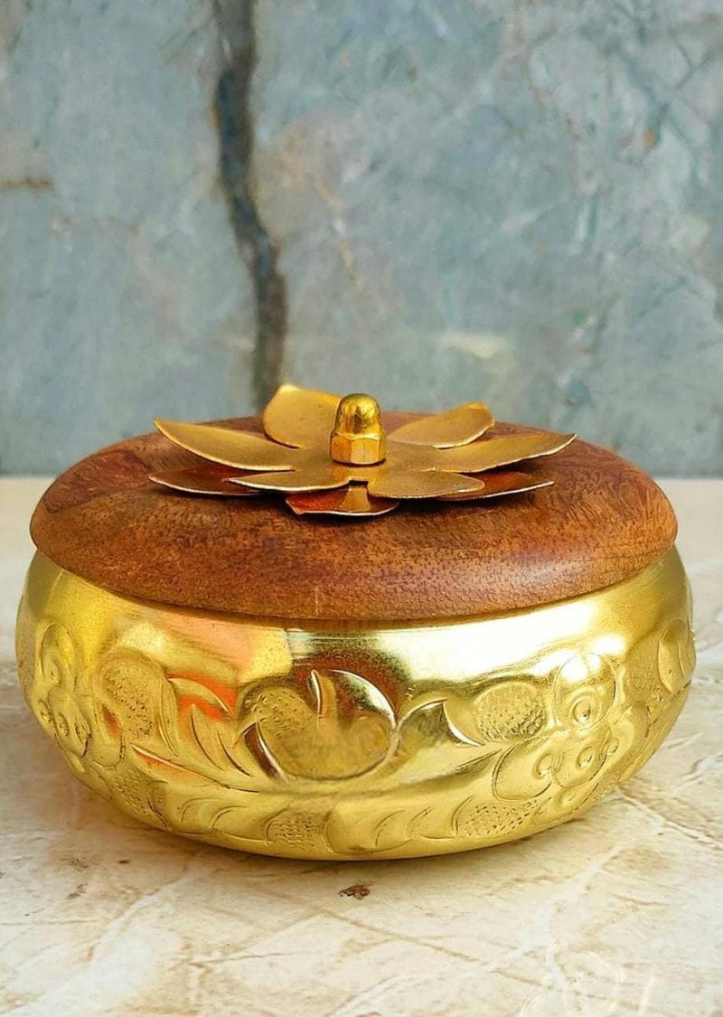 5 Brass Finish Dry Fruits| Candy Box with Wooden lid