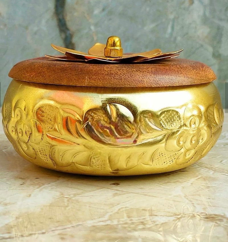 5 Brass Finish Dry Fruits| Candy Box with Wooden lid