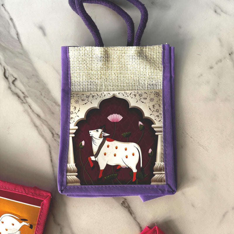 5 Pichwai Cow Return Gift Bags Jute