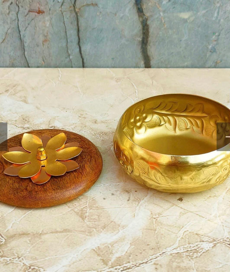 5 Brass Finish Dry Fruits| Candy Box with Wooden lid