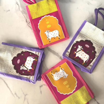 5 Pichwai Cow Return Gift Bags Jute