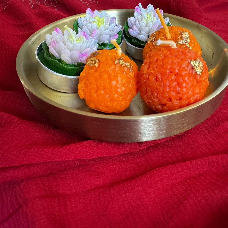 Laddo Candles in a Stainless Steel Gold Bowl