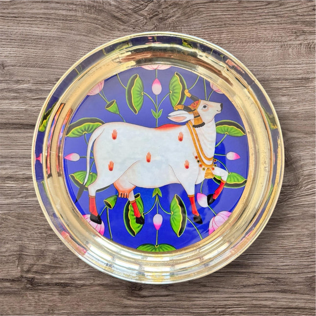Brass Pichwai Cow Plate 6in