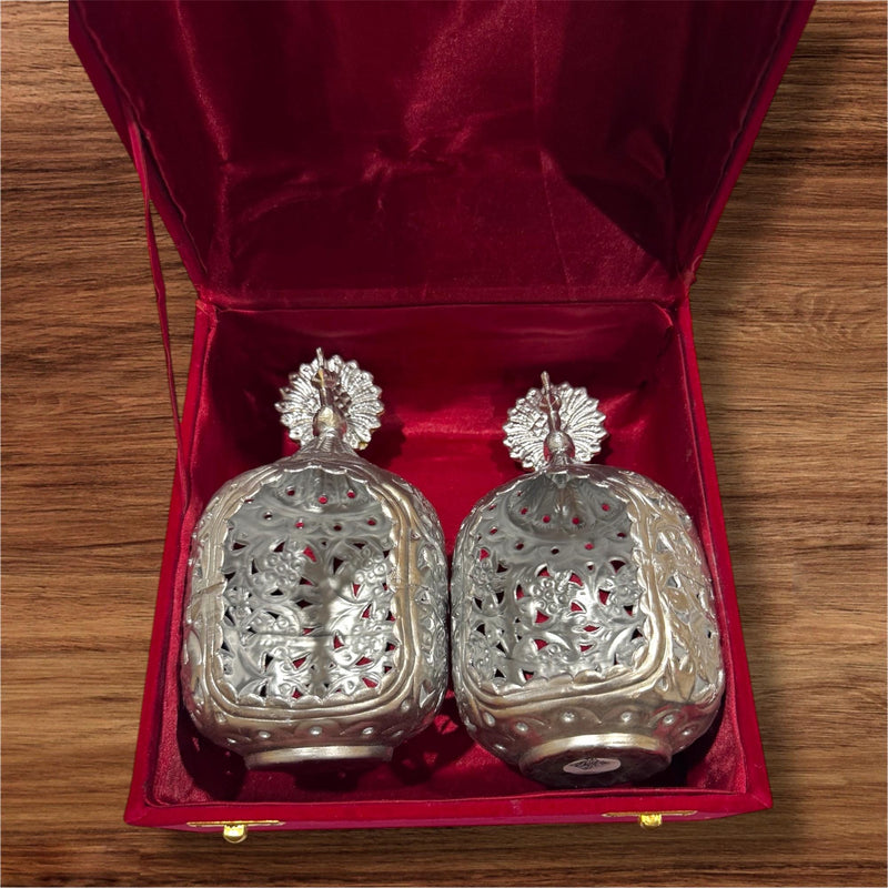 Silver Plated Peacock Diya Set in Gift Box