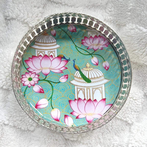 Silver Plated Lotus Pichwai Tray 6in with Gift Bag