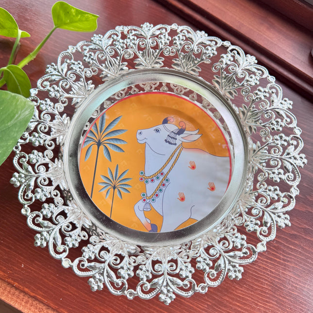 Pichwai Design Shiny Silver Plated Bowl/Tray for Events