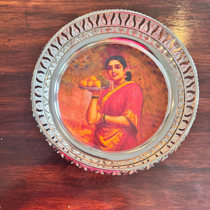 Silver Plated RaviVarma Painting Inspired Tray 8in