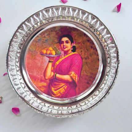 Silver Plated RaviVarma Painting Inspired Tray 8in
