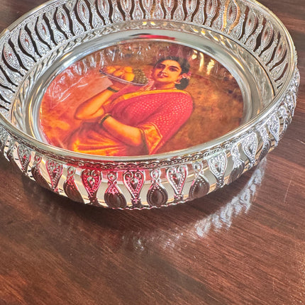 Silver Plated RaviVarma Painting Inspired Tray 8in